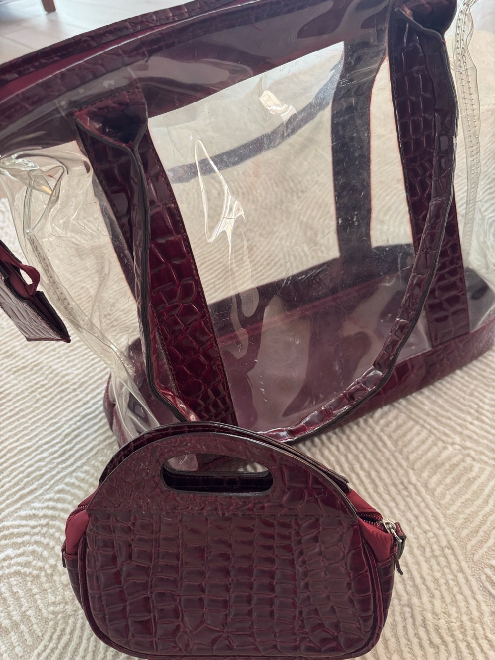 Clear Tote with Burgundy Croc-Embossed Trim and Matching Pouch